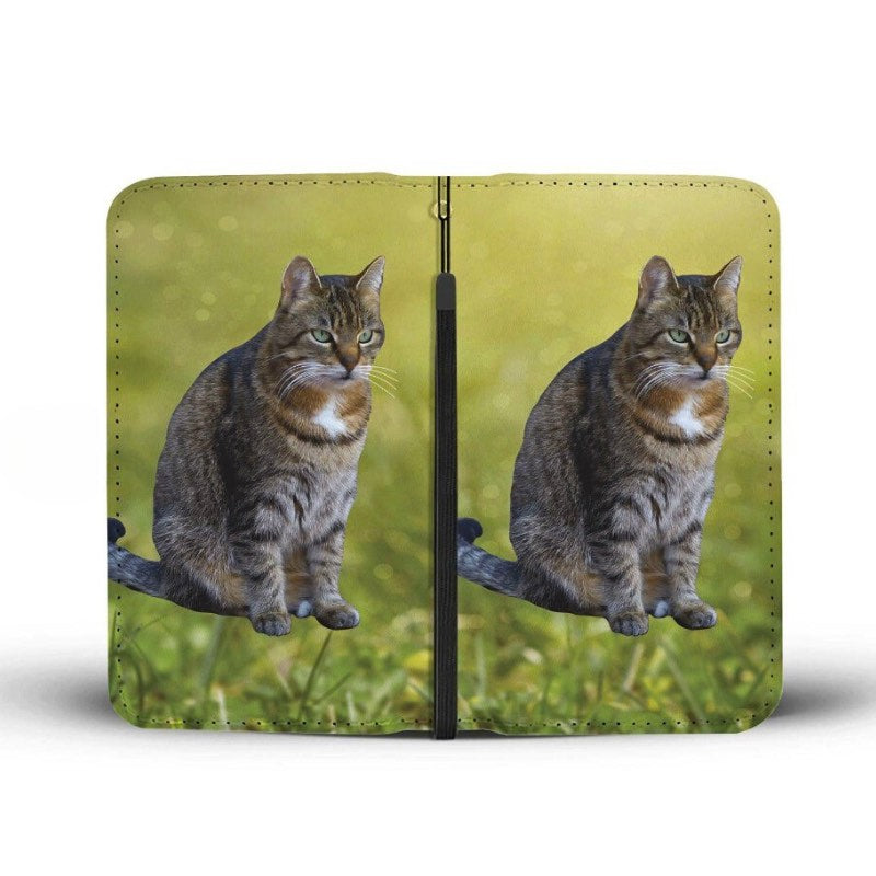 Green clutch purse with cat photo on front and back, displayed on a white background