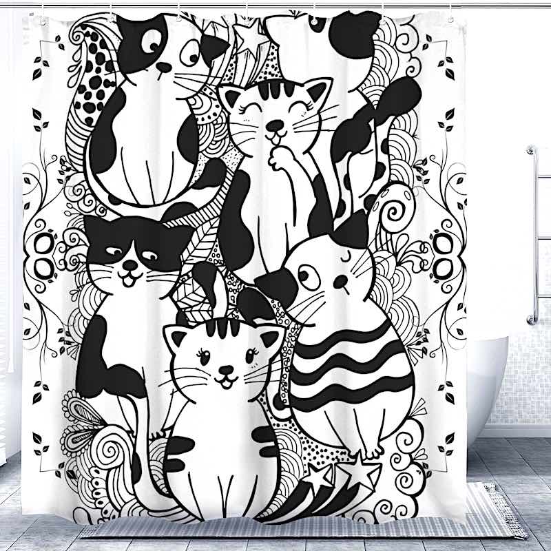 Shower curtain with black and white cat design on a white background