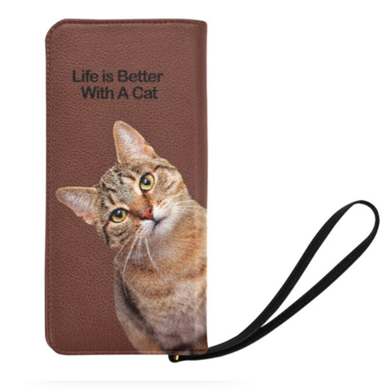 Brown purse, with a cat design and 'Life is Better with a Cat' text, on a white background