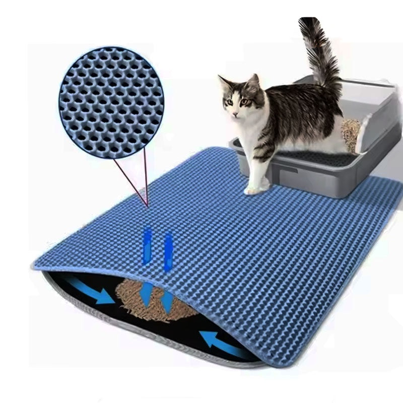 Cat using a blue litter mat with a close-up of the mat's texture and a diagram showing how it works.