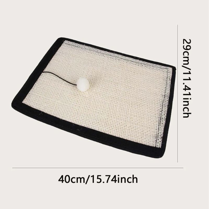 Rectangular mesh cat scratching pad with dimensions labeled on a white background
