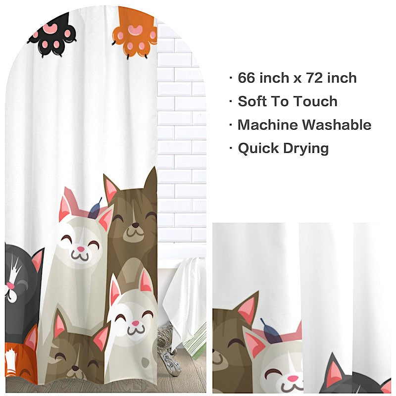 Cat-themed shower curtain with cartoon cats and product details on a white background