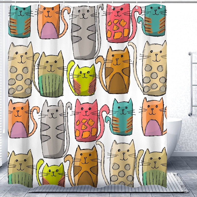 Shower curtain with colorful cat designs in a bathroom setting