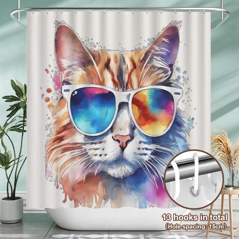 A white shower curtain featuring a colorful watercolor illustration of a cat wearing white sunglasses with blue, purple, and orange mirrored lenses. The curtain is shown hanging in a bathroom setting with a bathtub, potted plants, and a circular inset showing the 13 hooks included.