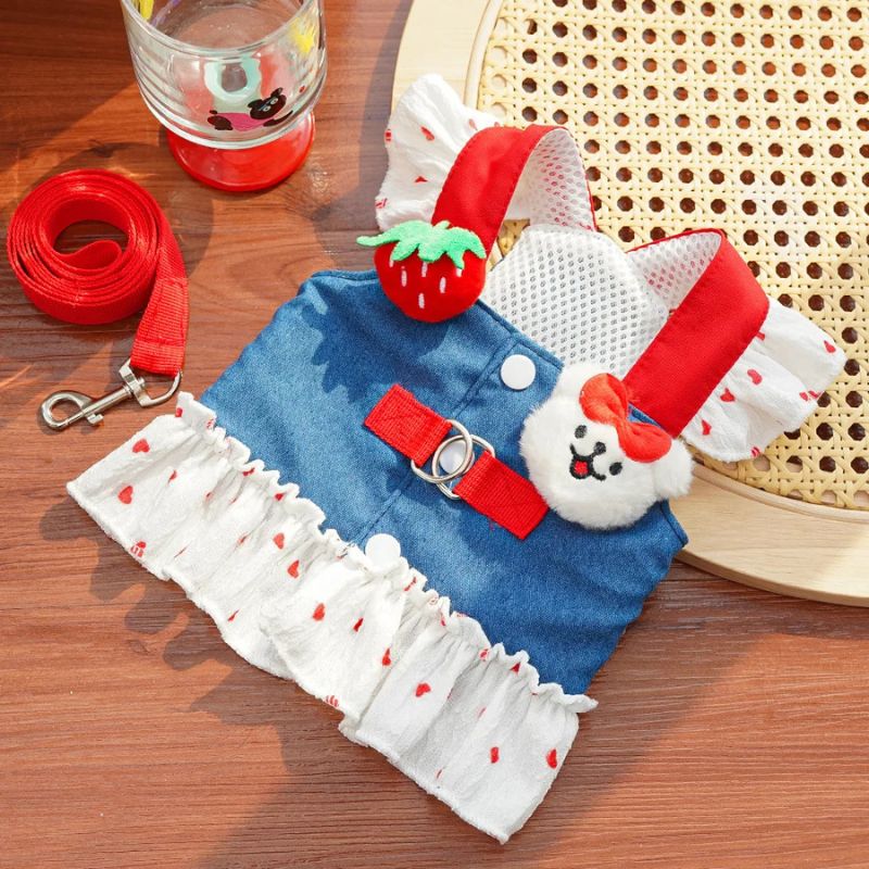 Pet outfit with denim dress, red collar, and white ruffled skirt on a wooden surface.