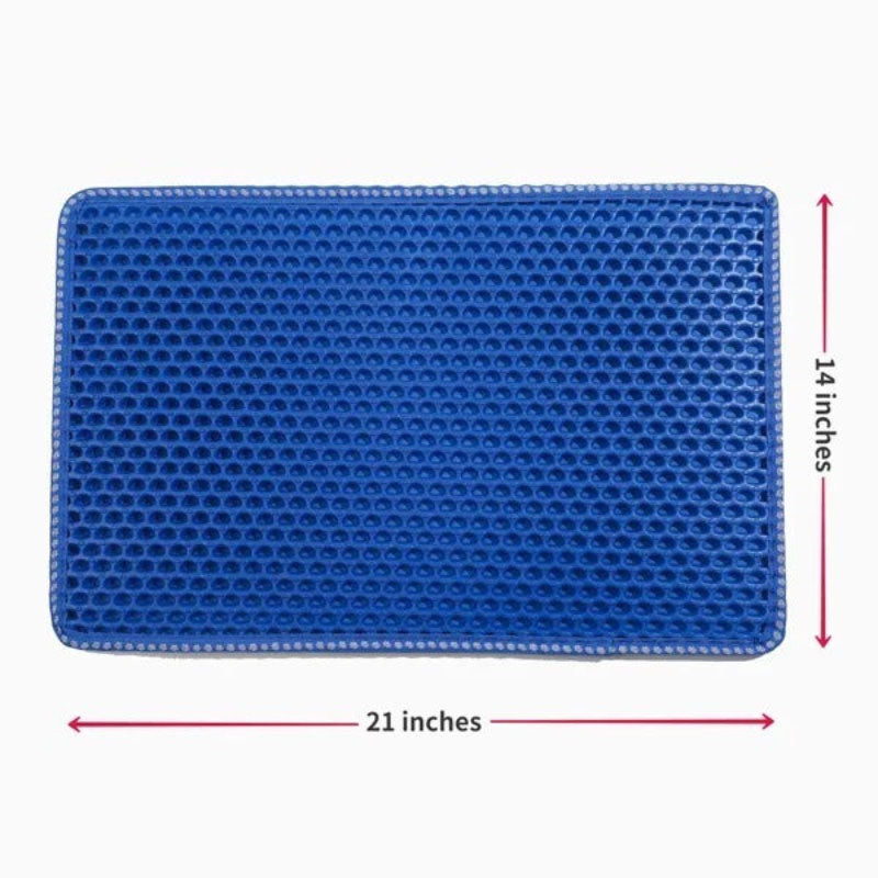 Blue honeycomb cat litter mat with dimensions on a white background.