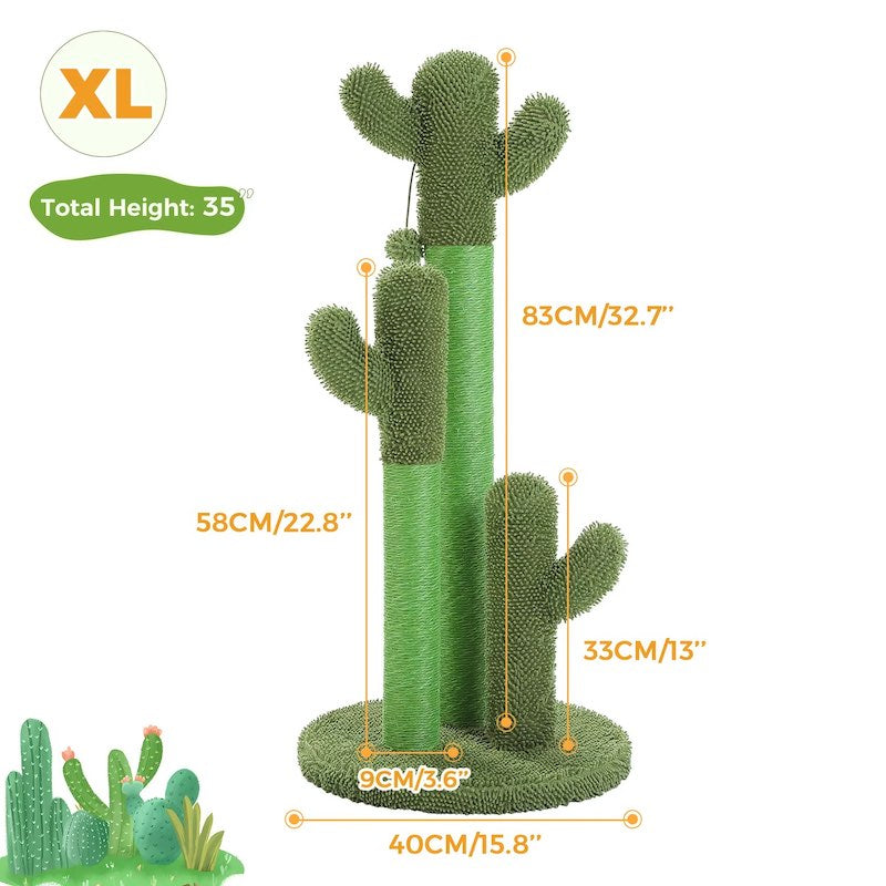 Green cactus cat tree with dimensions on a white background