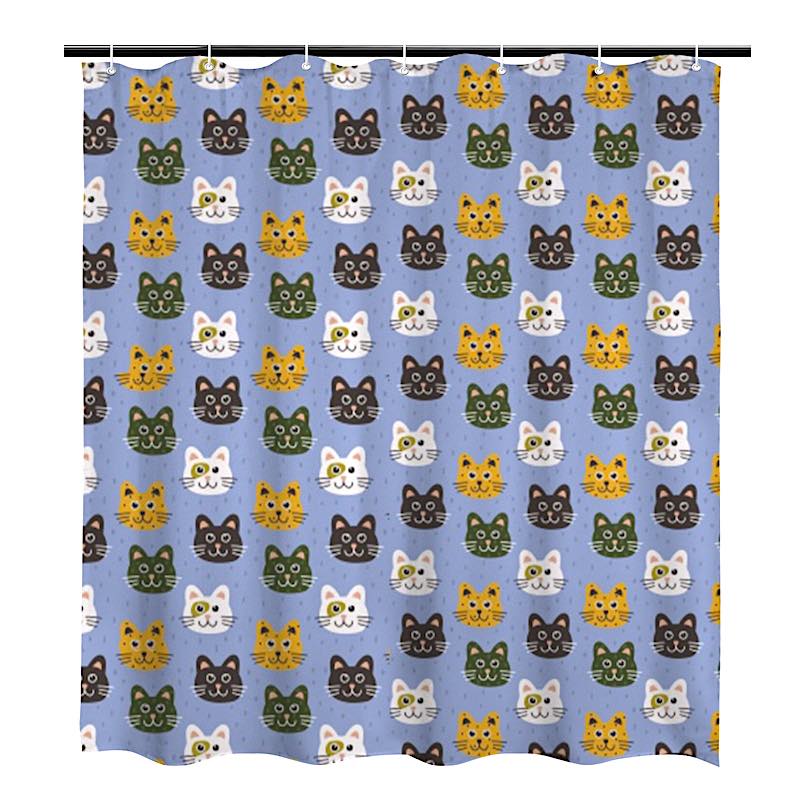 Blue shower curtain with colorful cat pattern on a white background