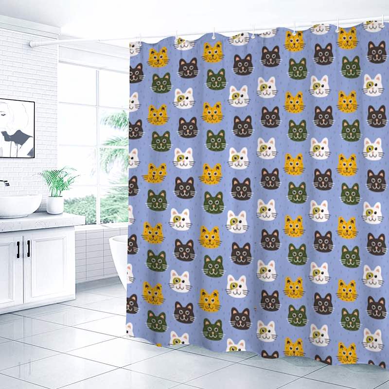 Shower curtain with cat pattern in a bathroom setting