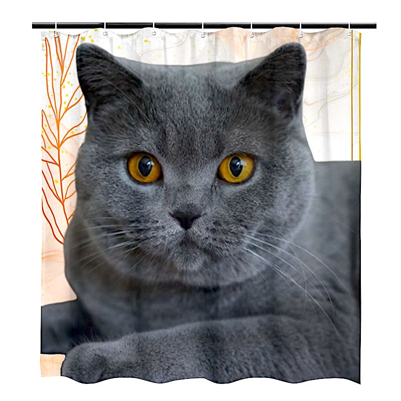 Shower curtain with a gray cat design on a white background