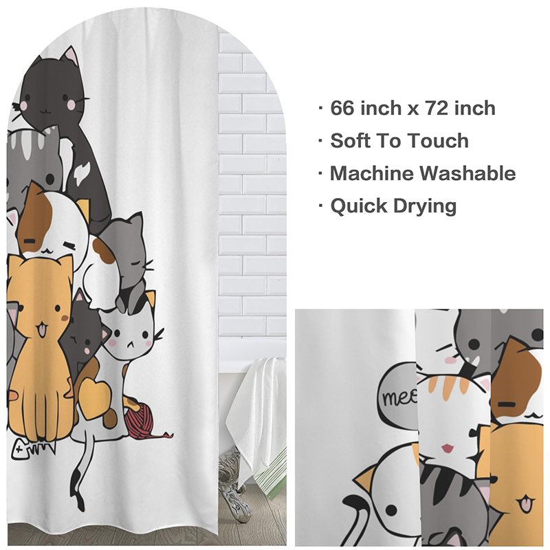 Shower curtain with cartoon cat design and product details on a white background