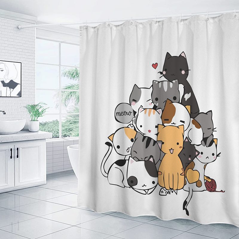 Shower curtain with cartoon cats design in a bathroom setting