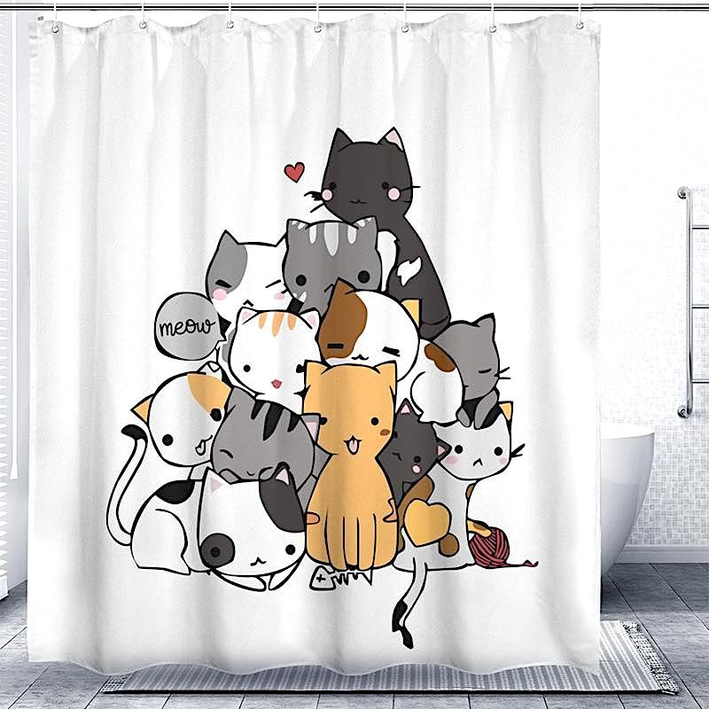Shower curtain with cartoon cats design in a bathroom setting