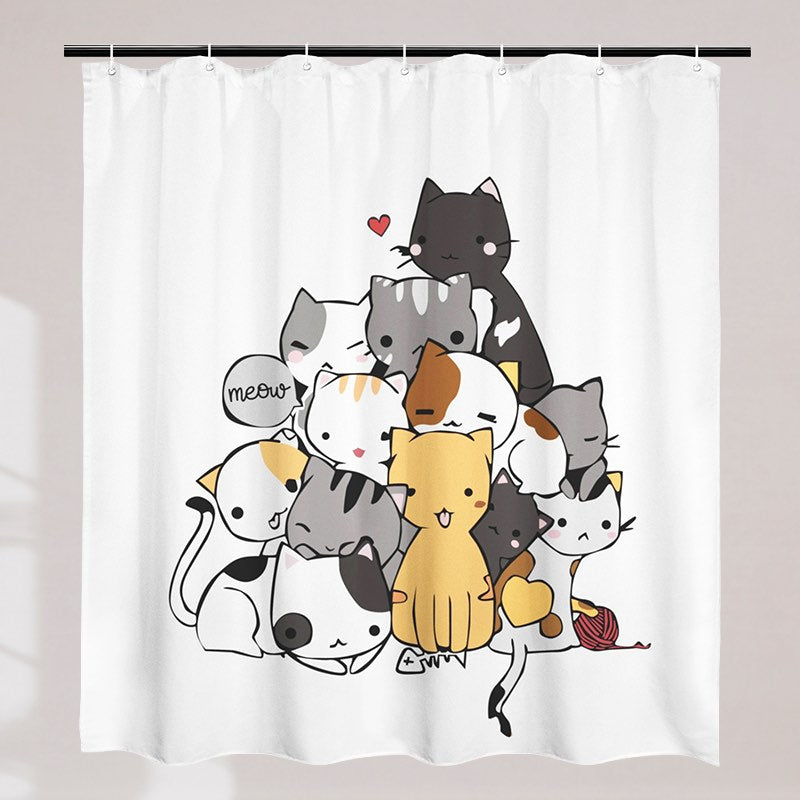 Shower curtain with cartoon cats design on a white background