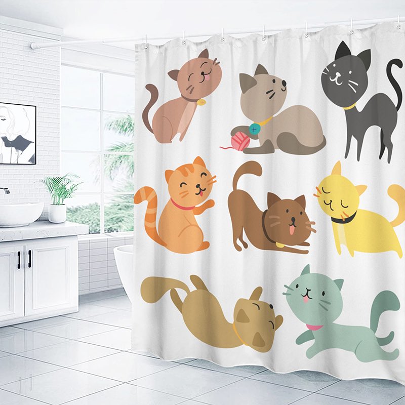 Shower curtain with colorful cat designs in a bathroom setting