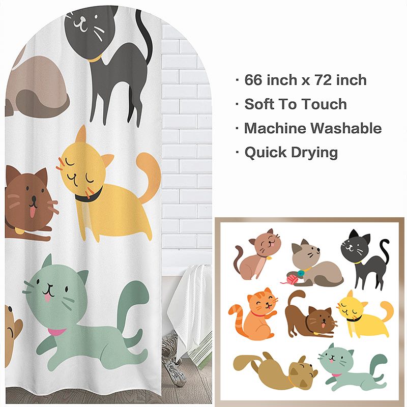 Shower curtain with cartoon cat designs and product details on a white background