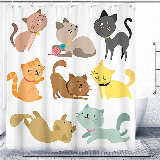 Shower curtain with cartoon cats design in a bathroom setting