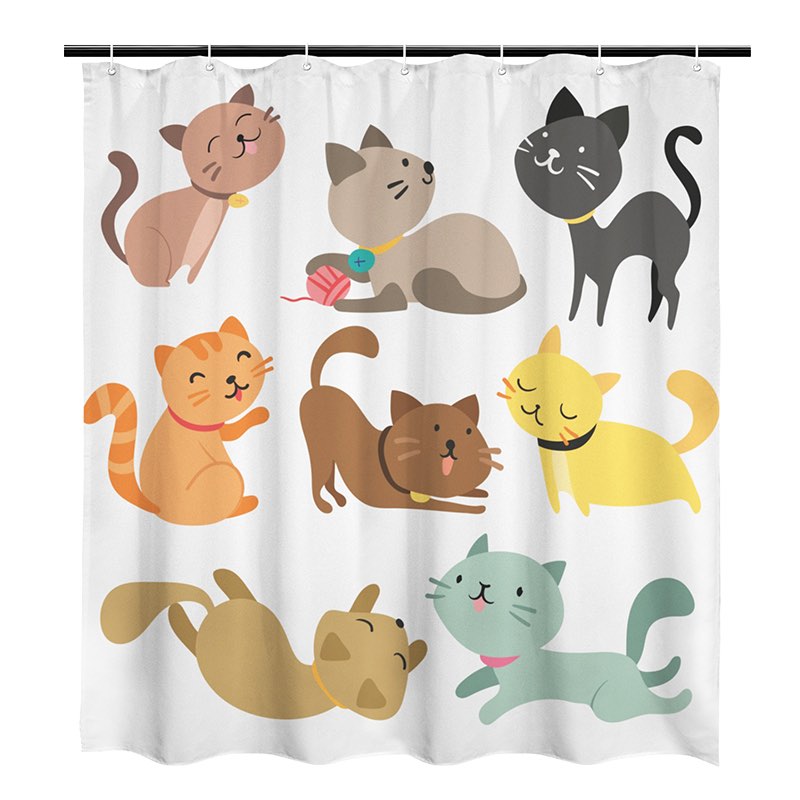 Shower curtain with colorful cat illustrations on a white background