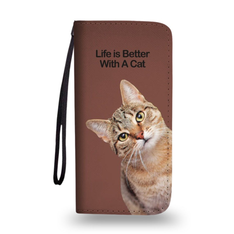 Brown clutch purse, with a cat design and 'Life is Better With A Cat' text, on a white background