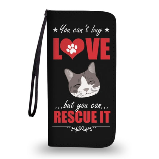 Black clutch purse with a cat illustration and text about rescue pets on a white background