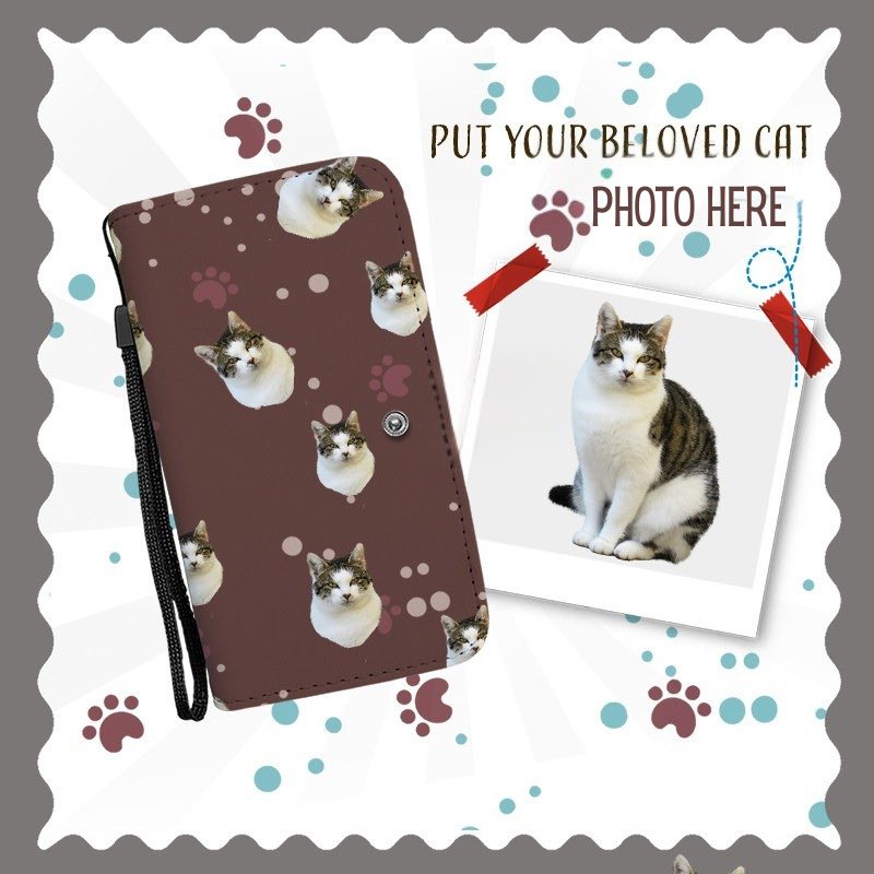 Brown clutch purse with cat pattern. Beside it is a photo of the full cat, with text indicating you can personalize the clutch using your own pet image