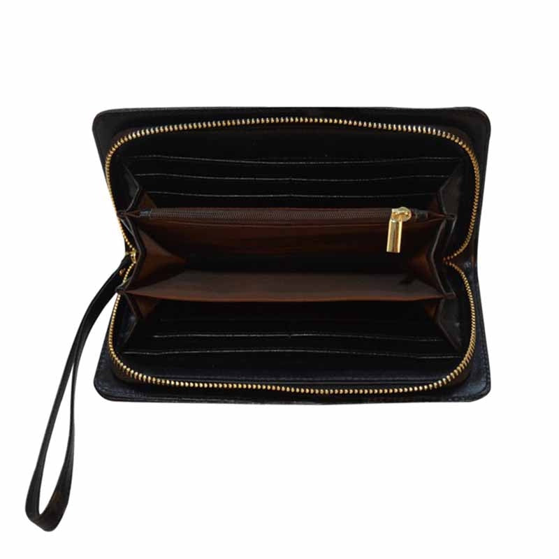 Brown clutch purse with gold zipper, showing the interior compartments, on a white background