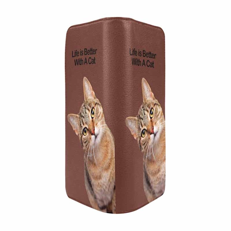 Brown clutch purse with cat images and 'Life is Better With A Cat' text, on a white background