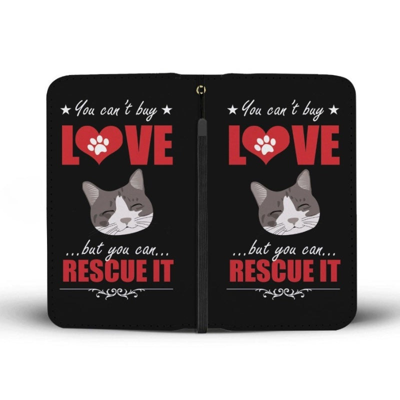 Front and back view of a black clutch purse, with a cat illustration and text about rescue pets on a white background