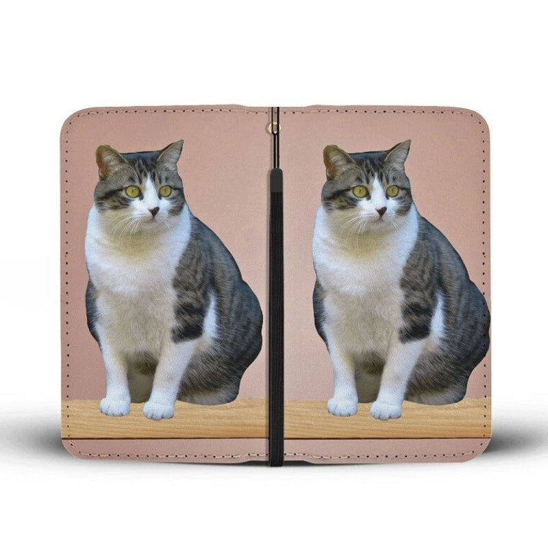 Clutch purse showing front and back with custom cat photo, on a white background