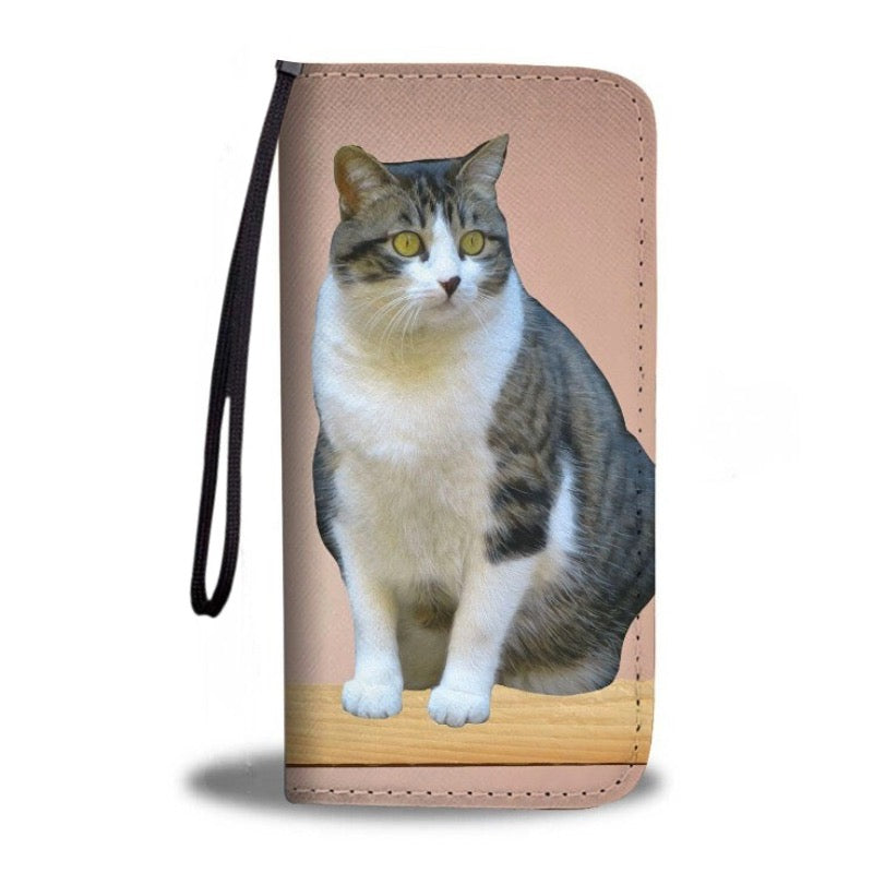 Clutch purse with a custom cat photo on the front, displayed on a white background