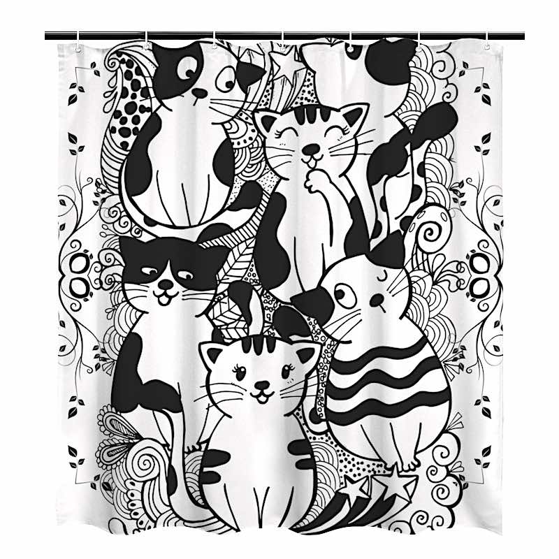 Shower curtain with black and white cat illustrations on a white background