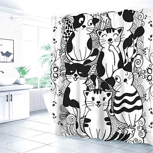 Shower curtain with black and white cat design in a bathroom setting