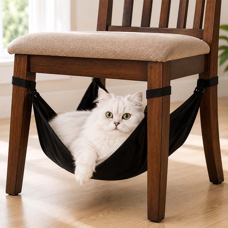 A white long-haired cat rests in a black fabric pet hammock suspended between the legs of a wooden dining chair with a beige upholstered seat, set on a light wood floor.