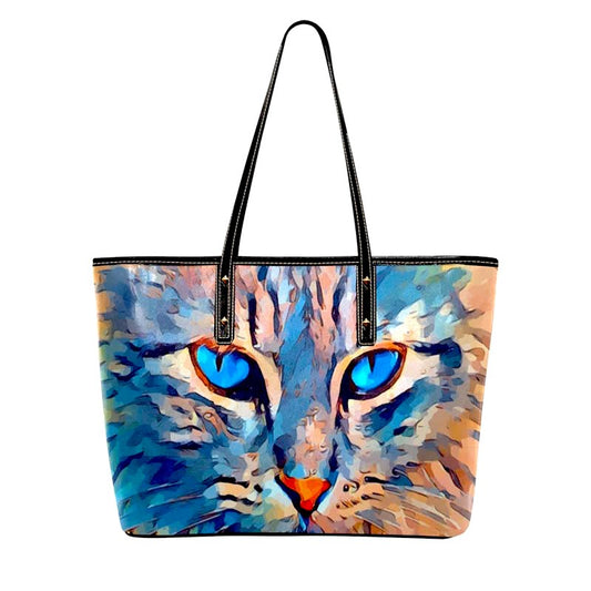 Tote bag with a colorful cat design on a white background