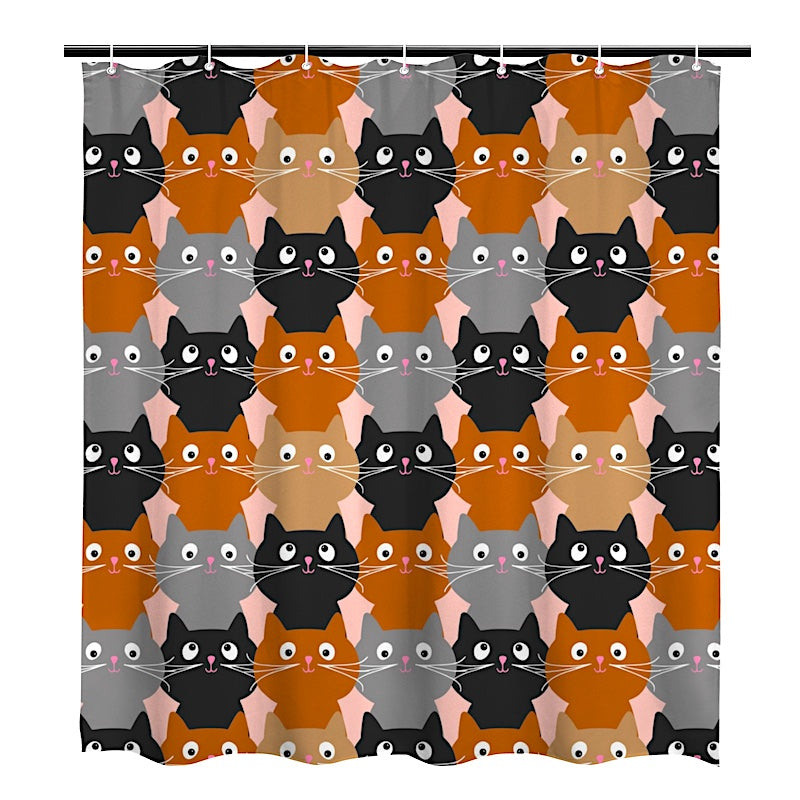Shower curtain with a pattern of stylized cat faces in various colors