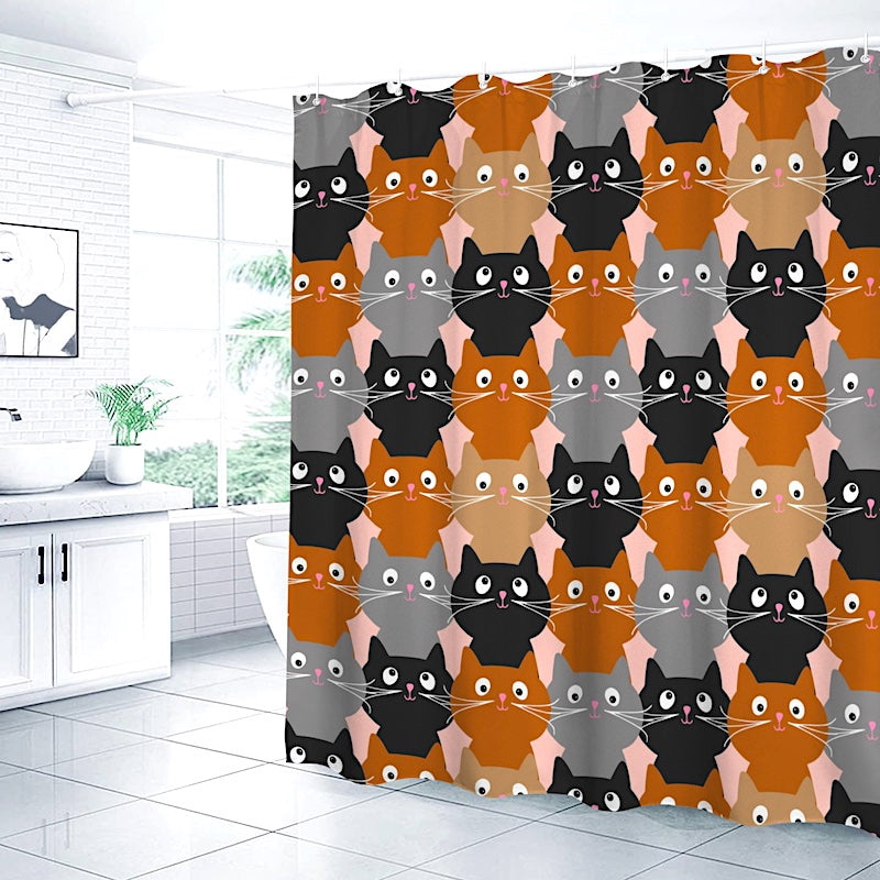 Shower curtain with cat pattern in a bathroom setting