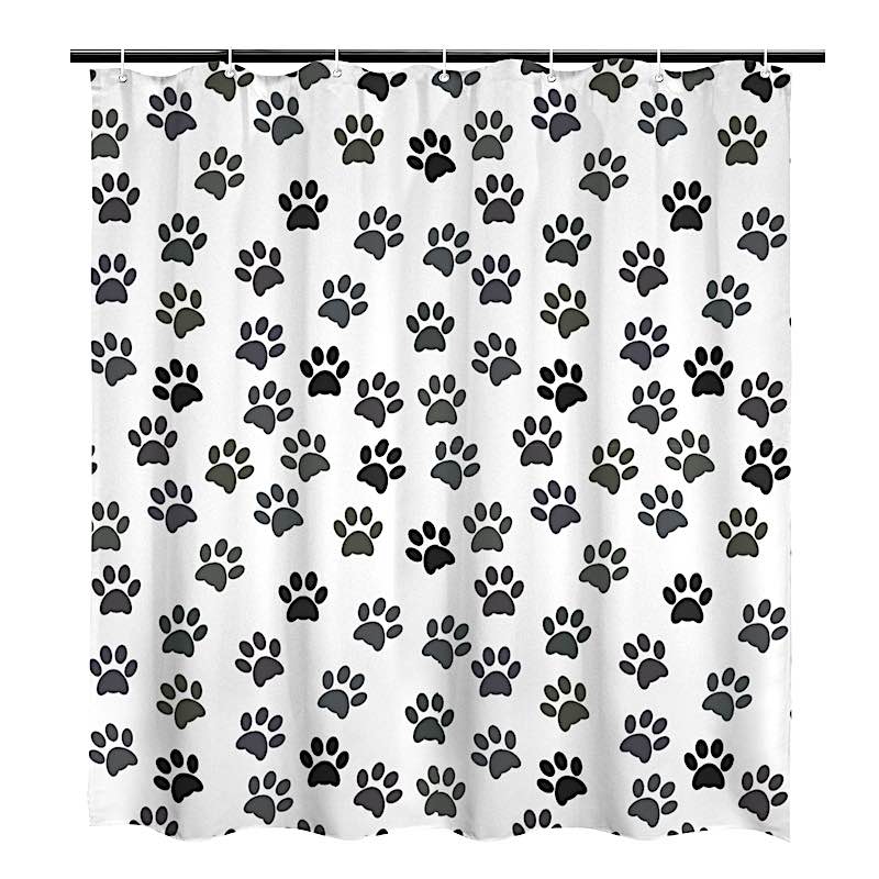 Shower curtain with black paw print pattern on white background