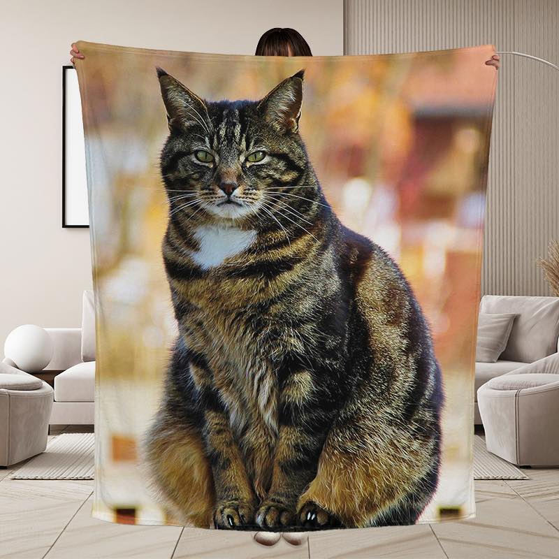 A person holds up a large blanket or tapestry featuring a realistic printed image of a brown tabby cat with green eyes, shown in a living room setting.