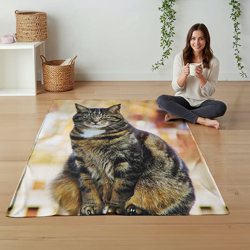 A large rectangular fleece blanket featuring a printed image of a fluffy tabby cat, shown on a light wood floor in a bright room with a woman sitting on the floor beside it.