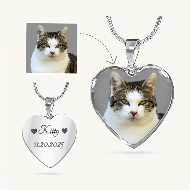 Personalized Cat Photo Necklace Heart Pendant Engraved Cat Lover Gift