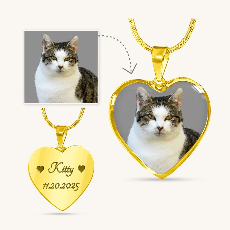 Personalized Cat Photo Necklace Heart Pendant Engraved Cat Lover Gift