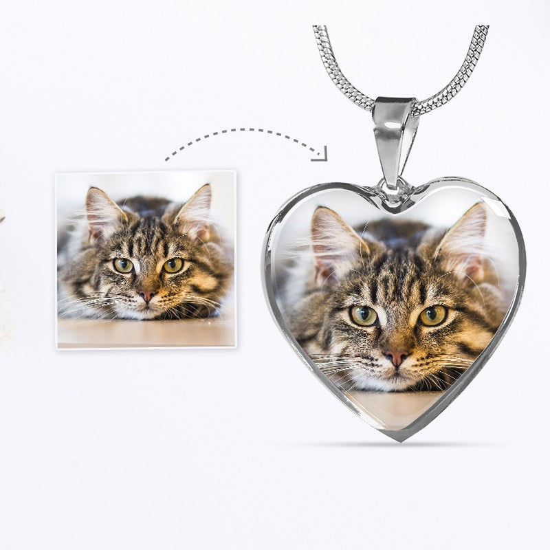 Personalized Cat Photo Necklace Heart Pendant Engraved Cat Lover Gift