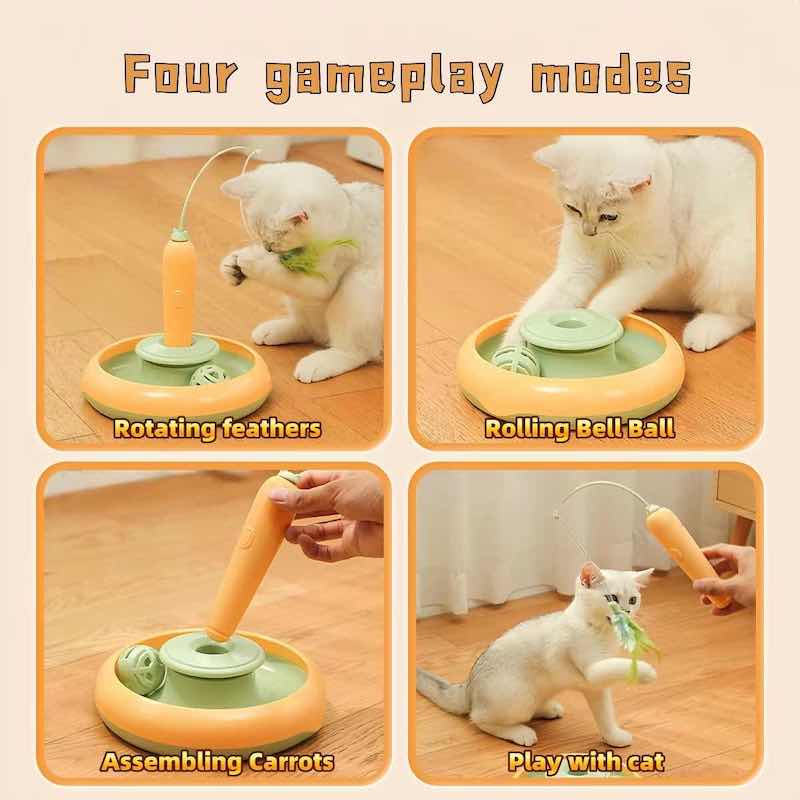 A four-panel product demonstration graphic for a cat toy labeled 'Four gameplay modes.' The panels show a white cat interacting with a round orange-and-green toy on a wood floor, plus a hand assembling carrot-shaped pieces.