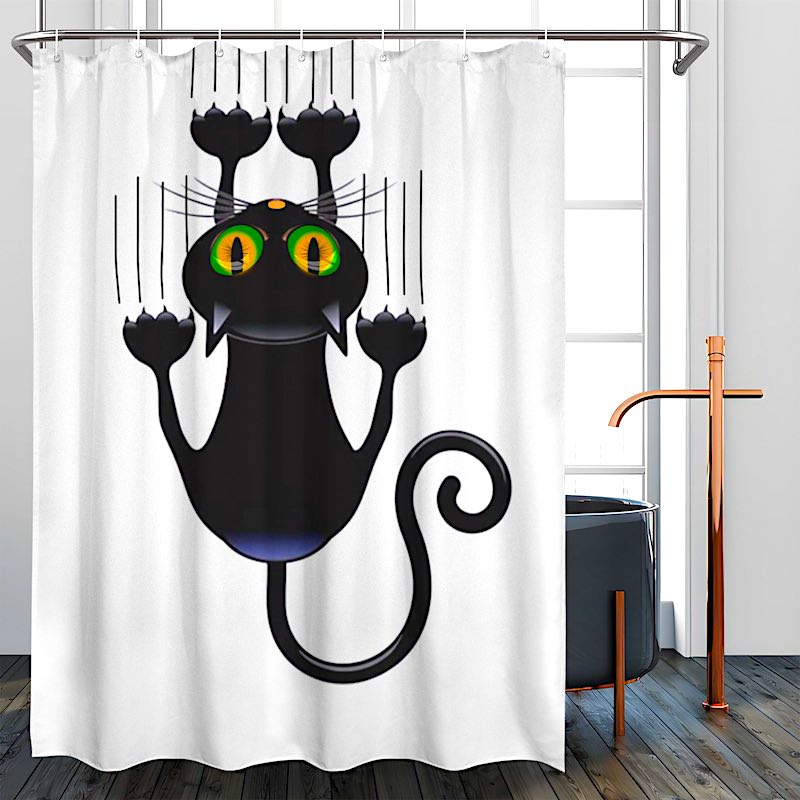 Shower curtain with a black cat design in a bathroom setting