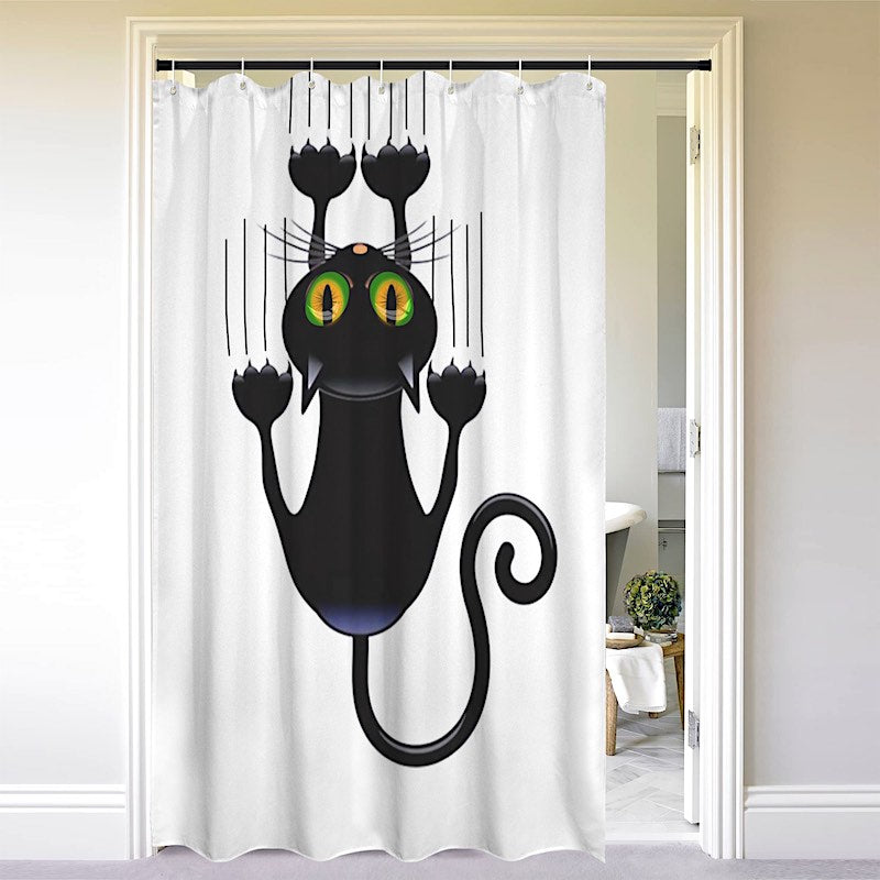 Shower curtain with a black cat design on a white background