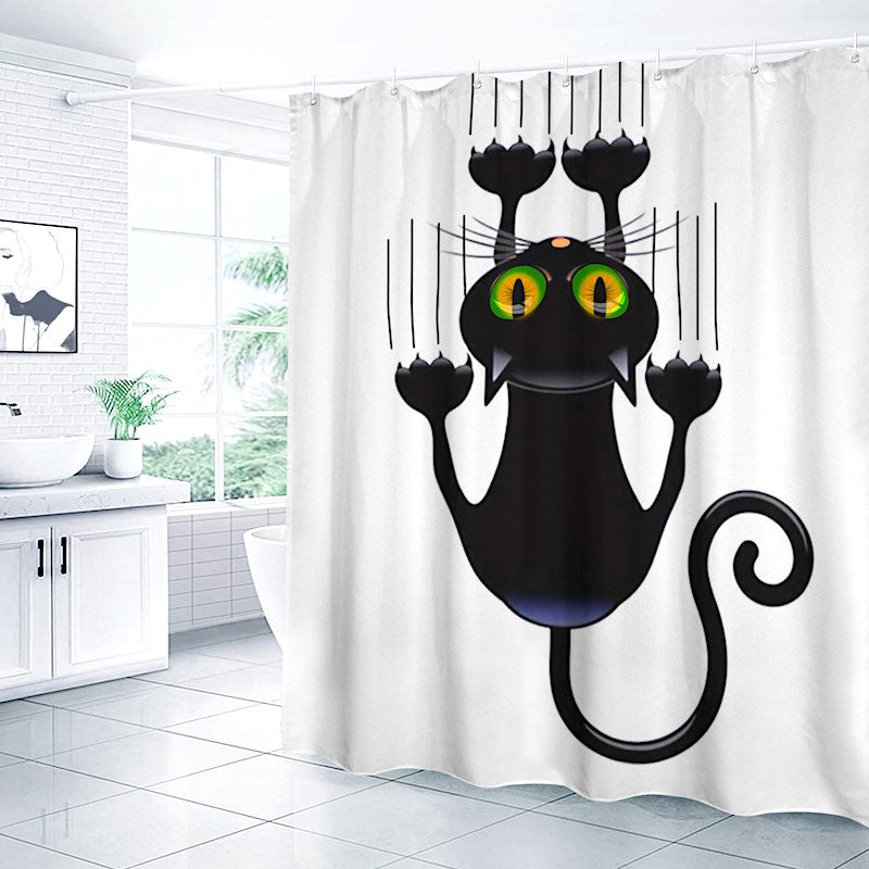 Shower curtain with a black cat design in a bathroom setting
