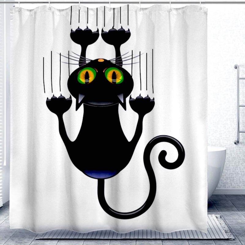 Shower curtain with a black cat design on a white background