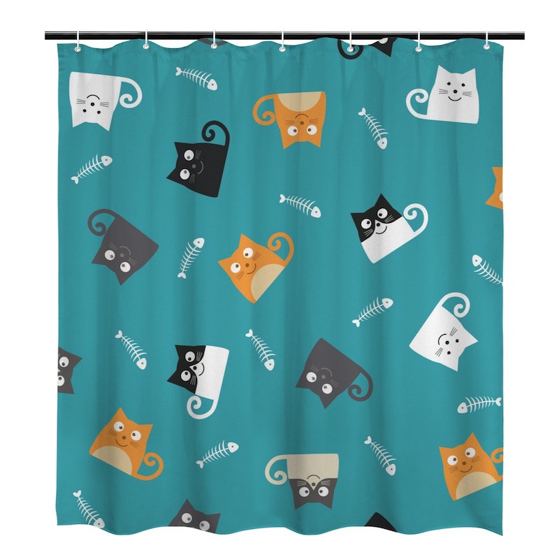 Shower curtain with cat and fish pattern on a teal background