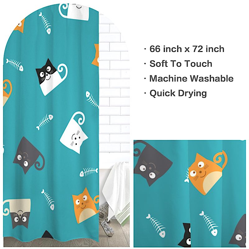 Children's shower curtain with cat and fish design on a blue background