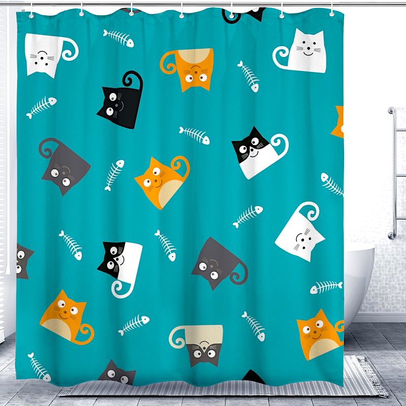 Shower curtain with cat and fish pattern on a teal background